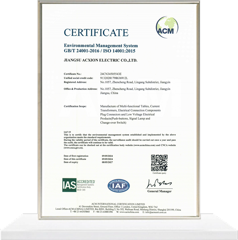 ISO 14001 certified manufacturer for industrial push button and cam switches - ACXION