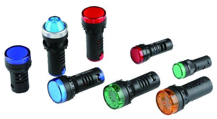 Luzes indicadoras LED AD115 com dimensões de montagem de 16 mm, 22 mm e 25 mm, nas cores vermelho, verde, amarelo e azul